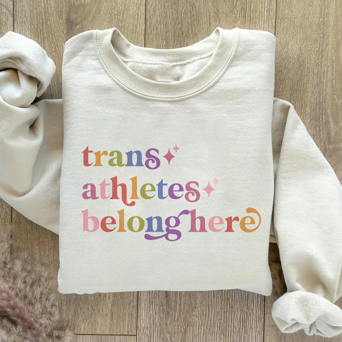 Trans Athletes Belong Here Care & Resist Gildan crewneck sweatshirt in Sand
