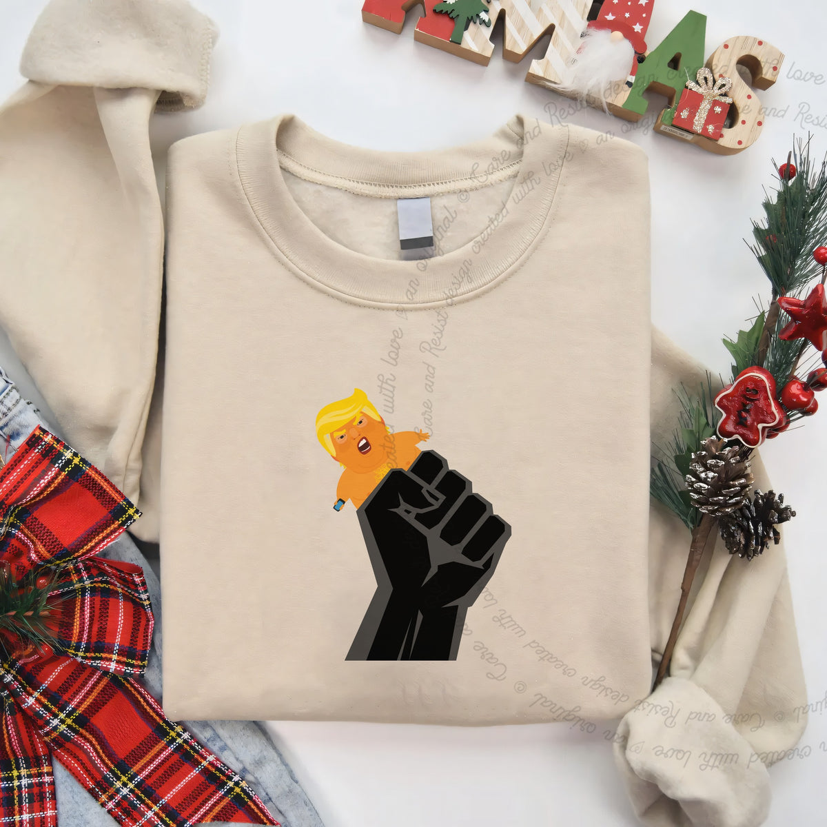 Resist Fist and Trump Blimp Care & Resist Gildan crewneck sweatshirt in Sand