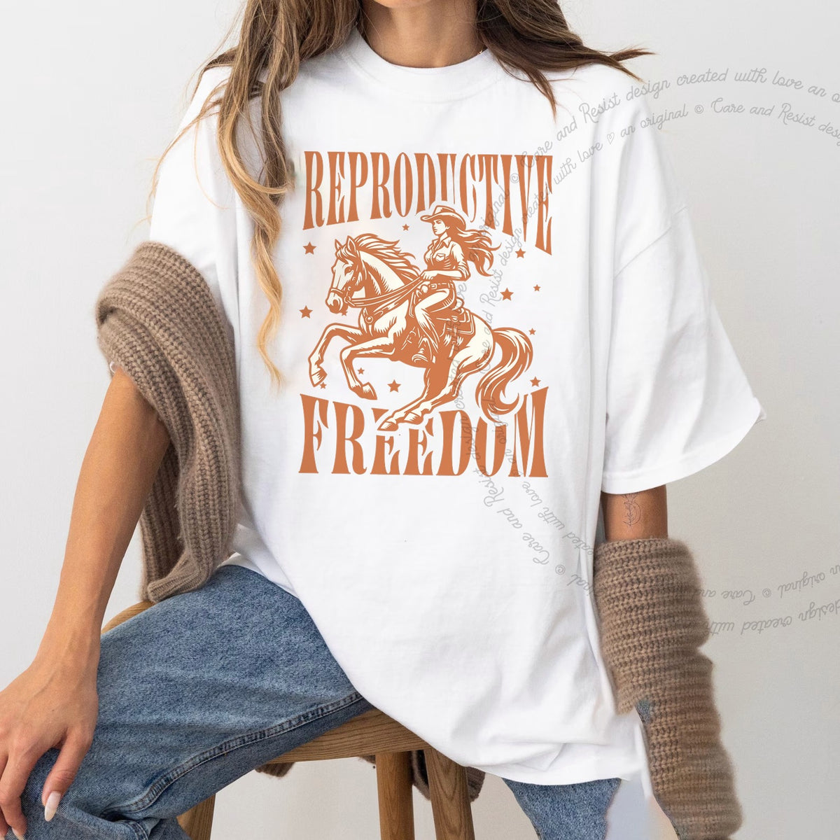 Reproductive Freedom Care & Resist progressive t-shirt in White