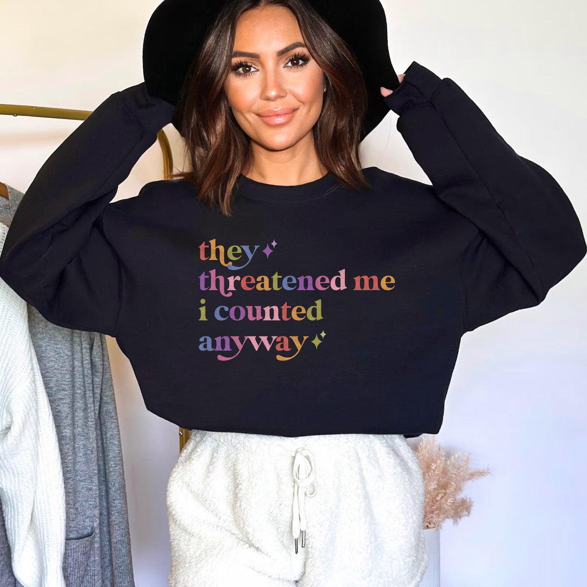They Threatened Me I Counted Anyway Care & Resist Gildan crewneck sweatshirt in Black