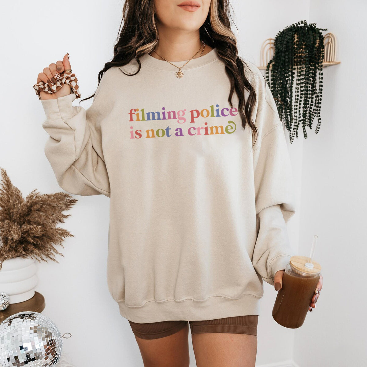 Filming Police is not a Crime Care & Resist Gildan crewneck sweatshirt in Sand