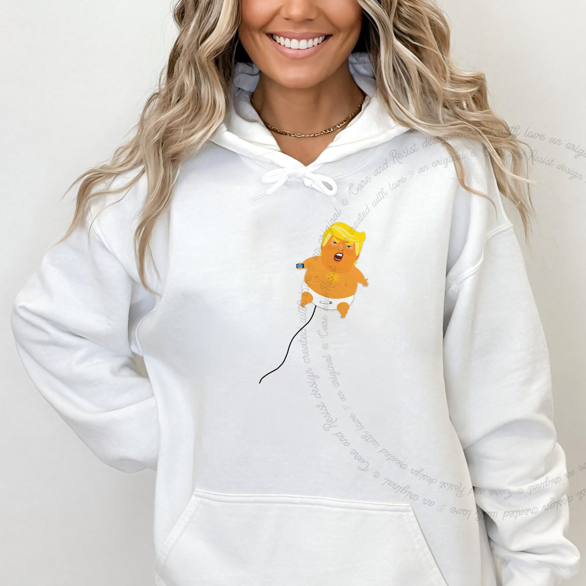 Trump Baby Blimp Care & Resist Gildan hoodie in White