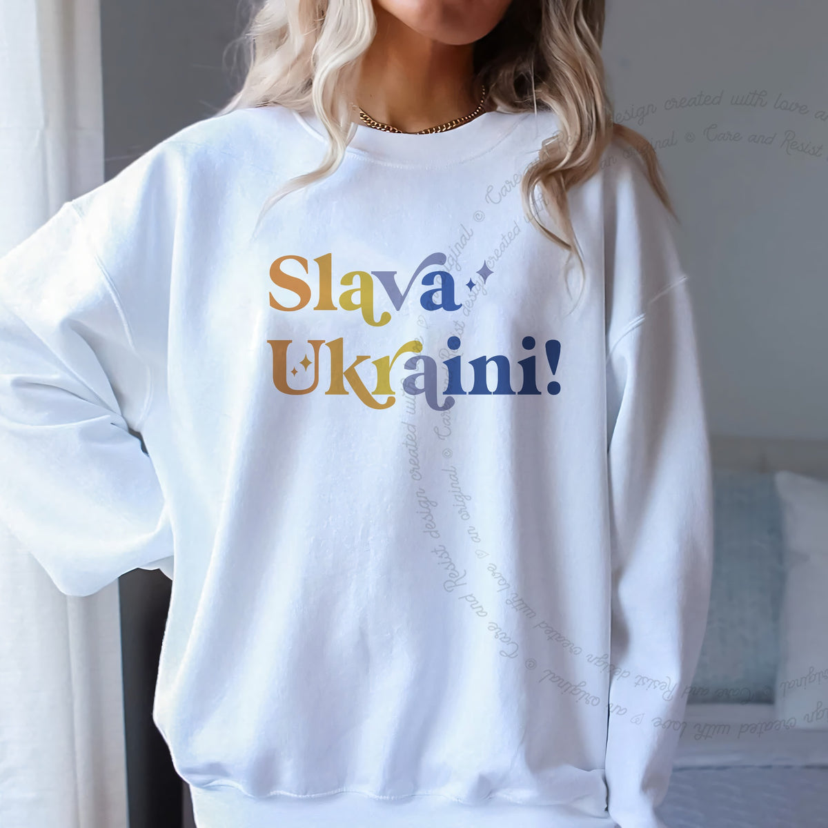 Slava Ukraini Care & Resist Gildan crewneck sweatshirt in White