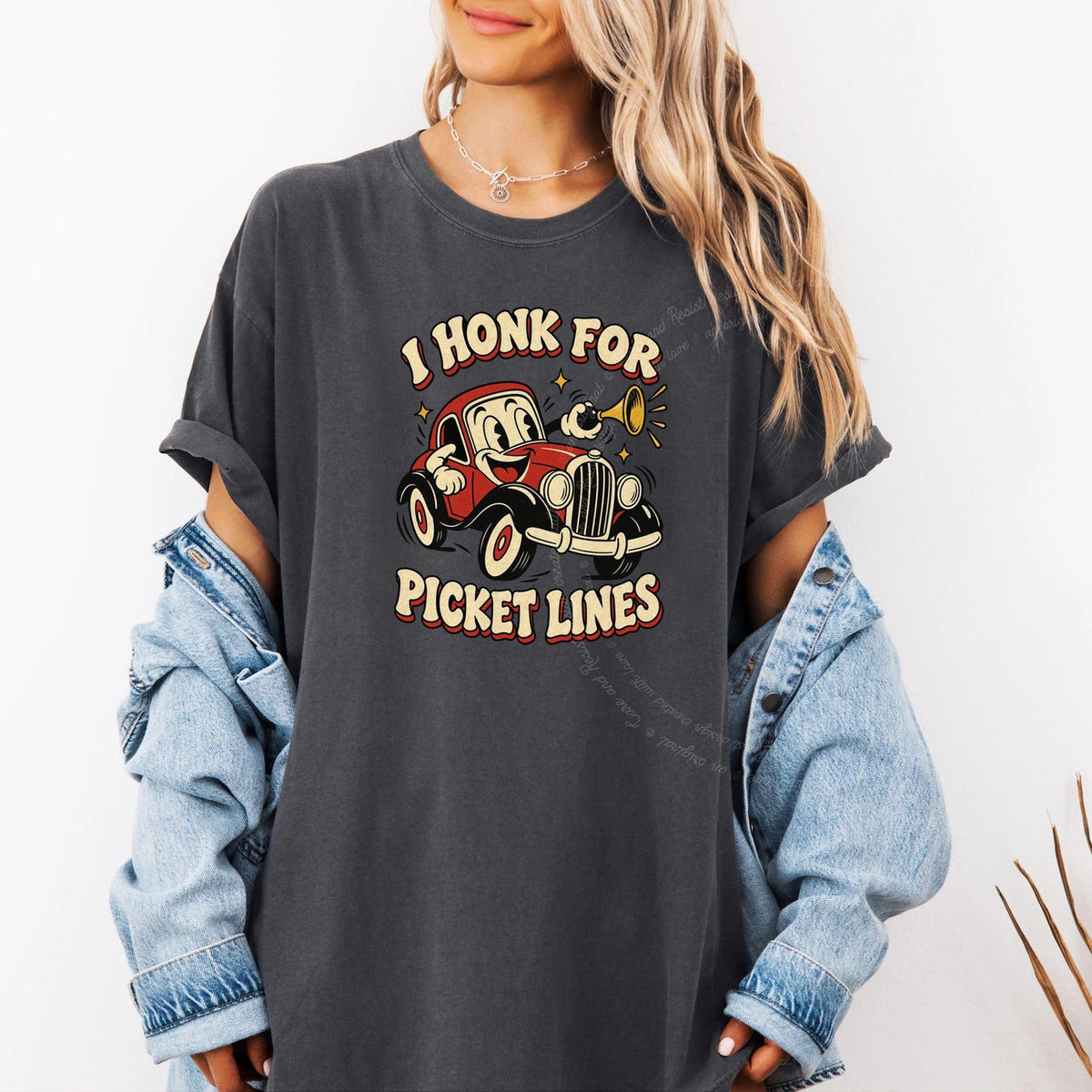 I Honk for Picket Lines Cartoon Care & Resist progressive t-shirt in Graphite
