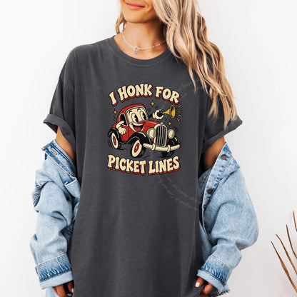 I Honk for Picket Lines Cartoon Care & Resist progressive t-shirt in Graphite