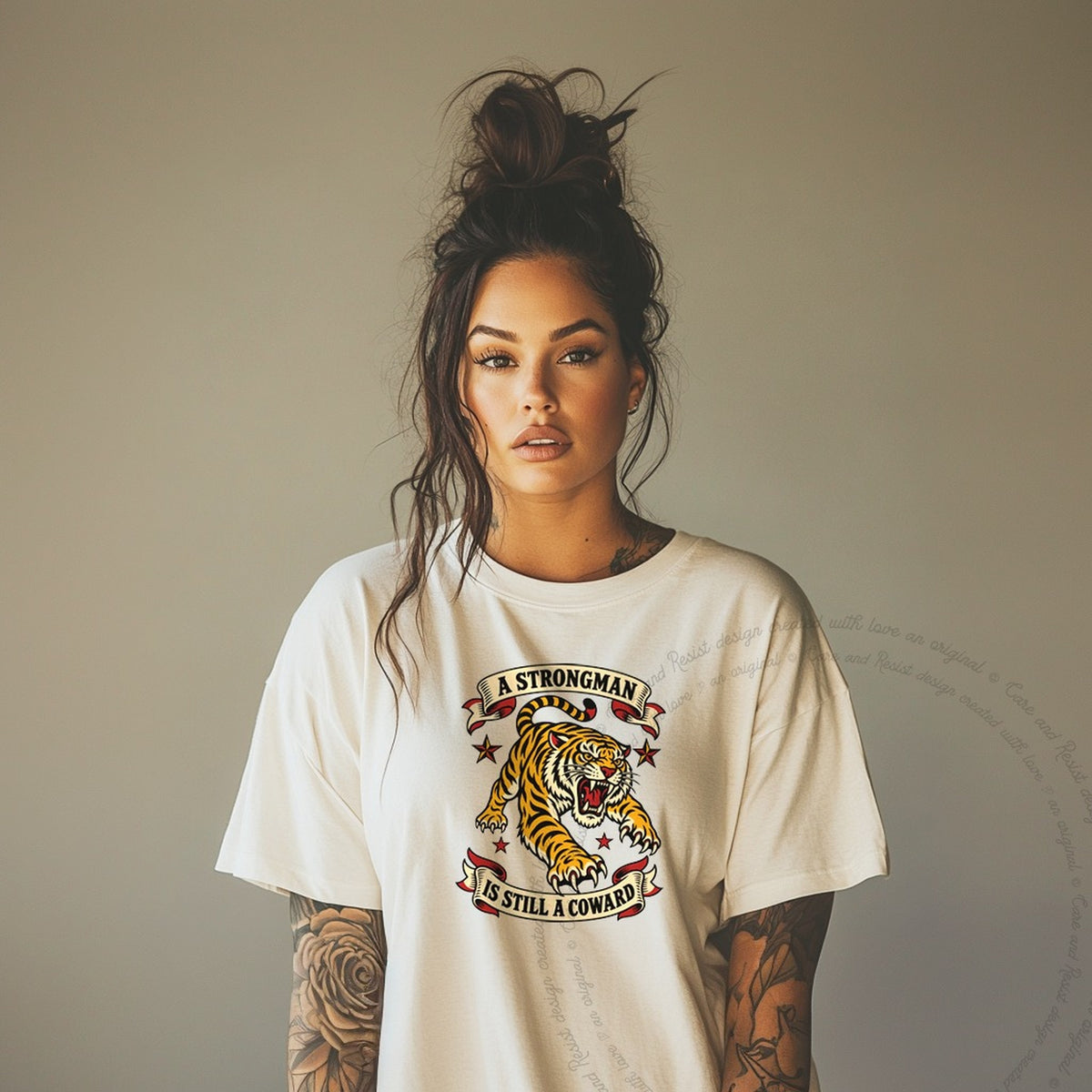 A Strongman is Still a Coward Tiger Care & Resist progressive t-shirt in Ivory