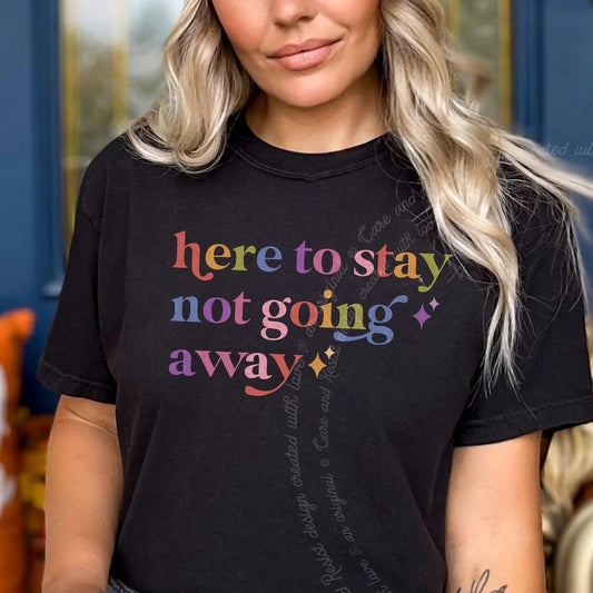 Here to Stay not Going Away Care & Resist rainbow Comfort Colors tee, Black