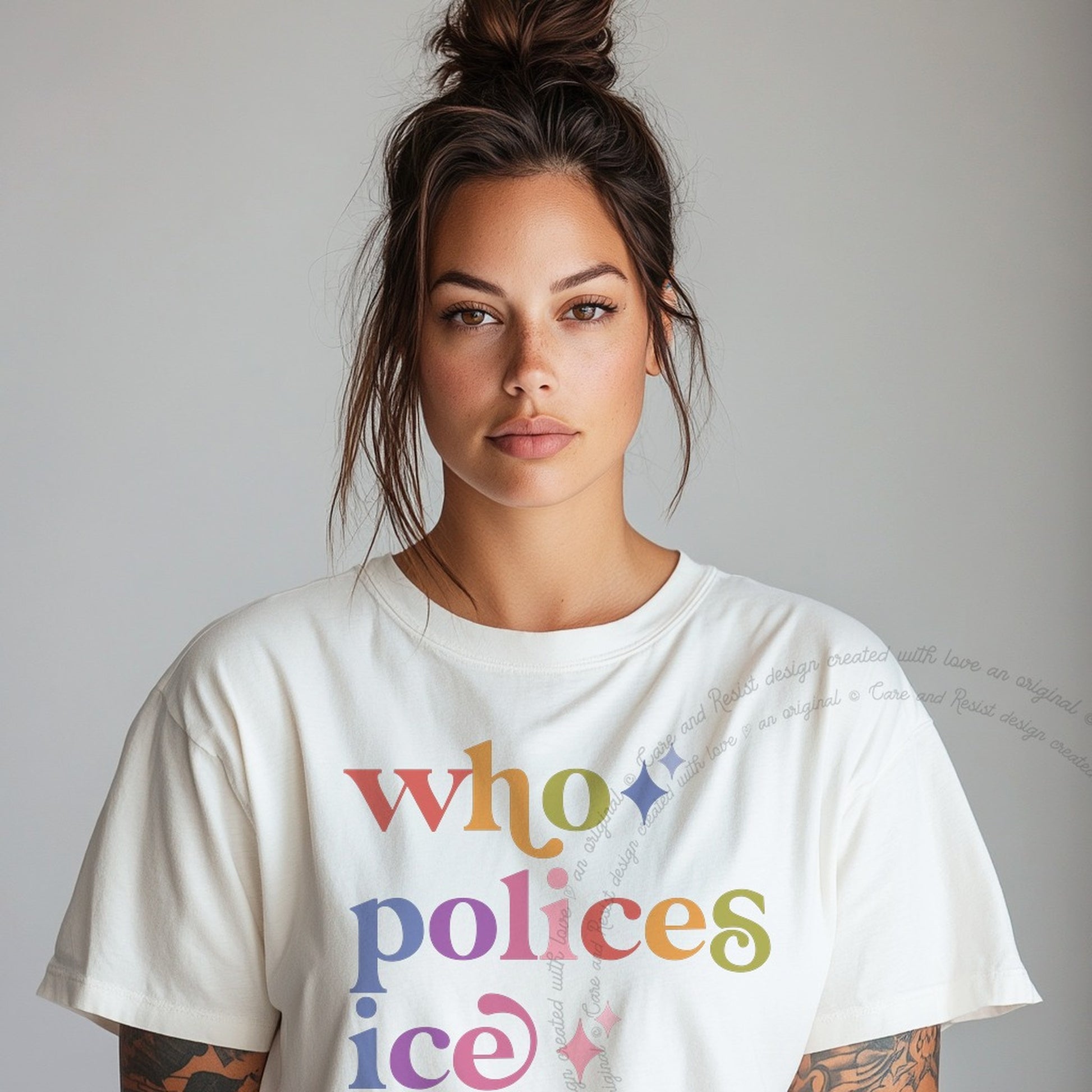 Who Polices Ice Care & Resist rainbow Comfort Colors tee, White
