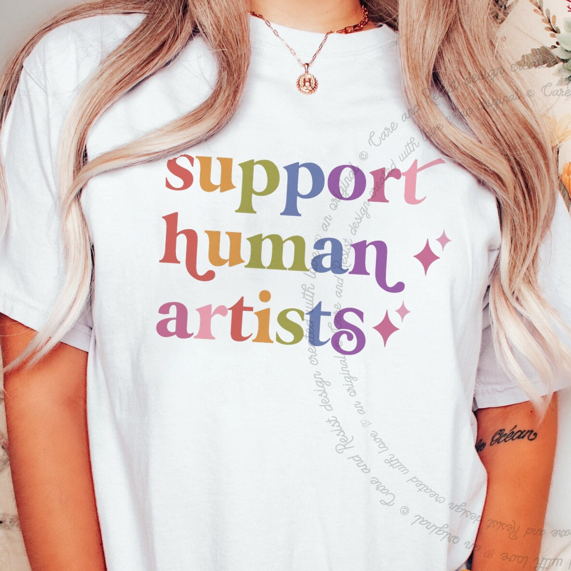 Support Human Artists Care & Resist rainbow Comfort Colors tee, White