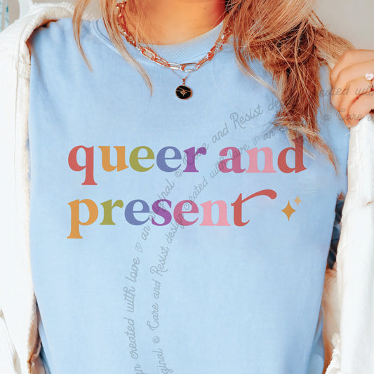 Queer and Present Care & Resist progressive t-shirt in Chambray