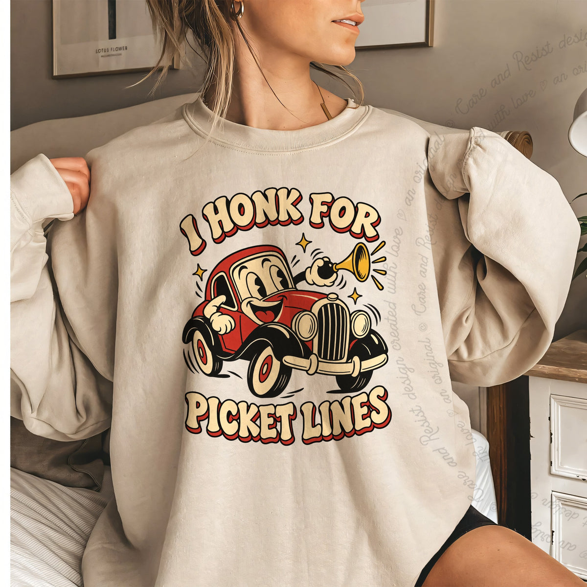 I Honk for Picket Lines Cartoon Care & Resist Gildan crewneck sweatshirt in Sand