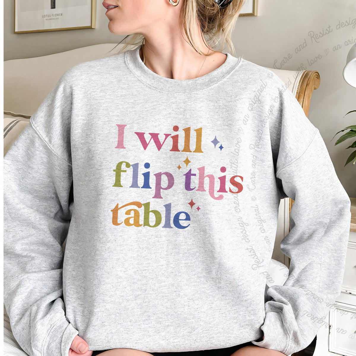 I Will Flip This Table Care & Resist Gildan crewneck sweatshirt in Sport Grey