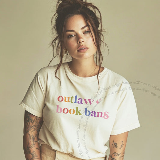 Outlaw Book Bans Care & Resist rainbow Comfort Colors tee, Ivory