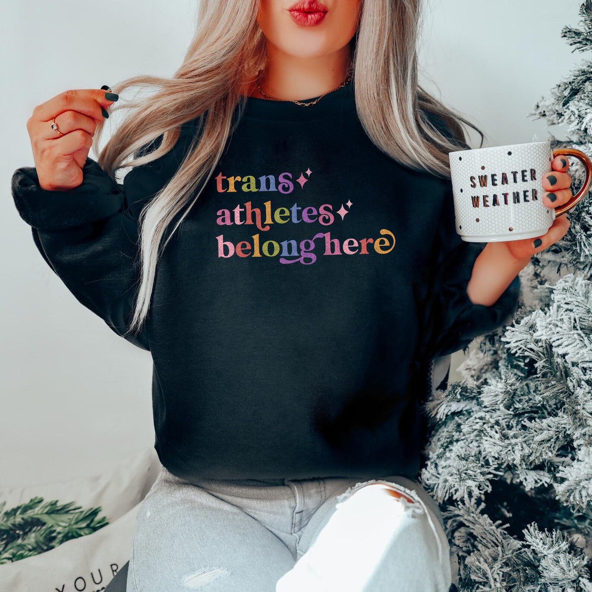 Trans Athletes Belong Here Care & Resist Gildan crewneck sweatshirt in Black