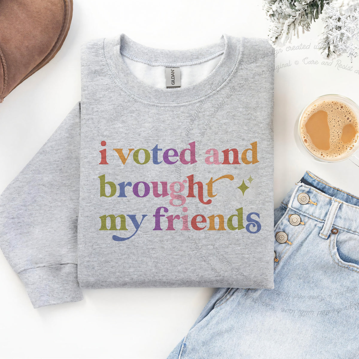 I Voted and Brought My Friends Care & Resist Gildan crewneck sweatshirt in Sport Grey