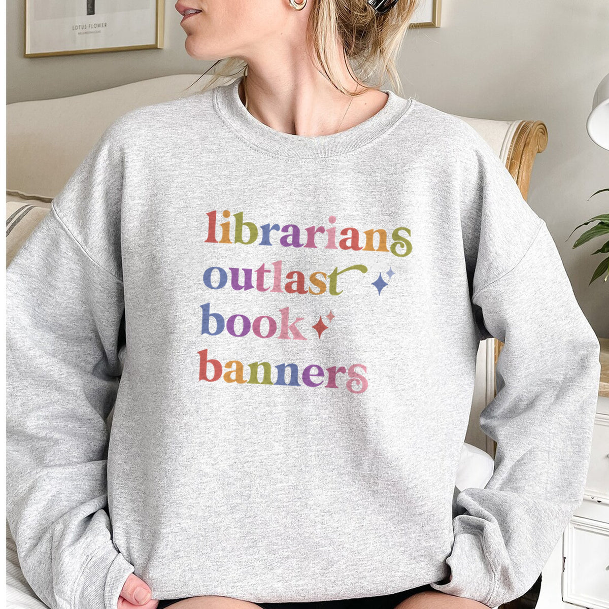 Librarians Outlast Book Banners Care & Resist Gildan crewneck sweatshirt in Sport Grey