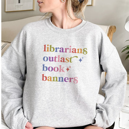 Librarians Outlast Book Banners Care & Resist Gildan crewneck sweatshirt in Sport Grey