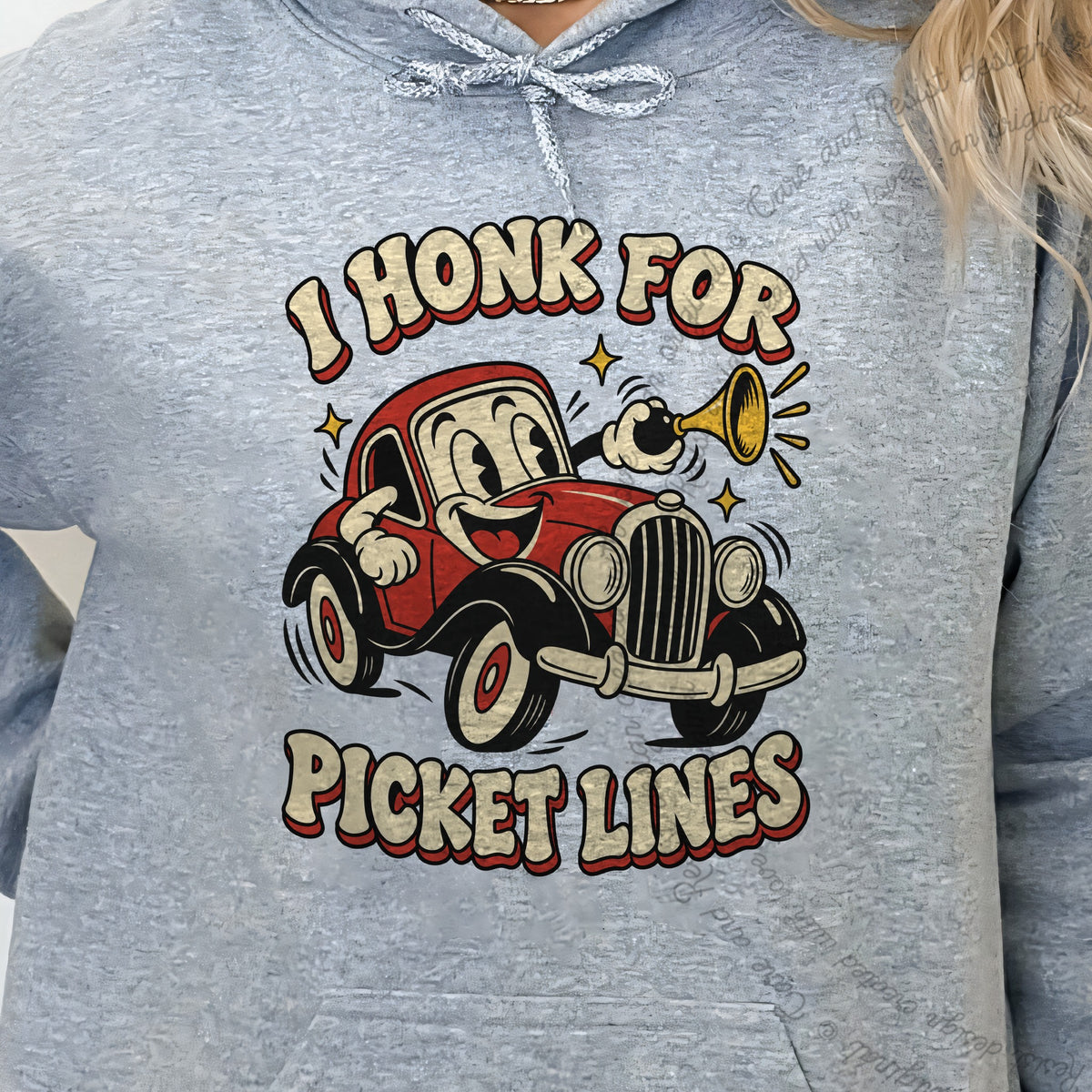 I Honk for Picket Lines Cartoon Care & Resist Gildan hoodie in Sport Grey