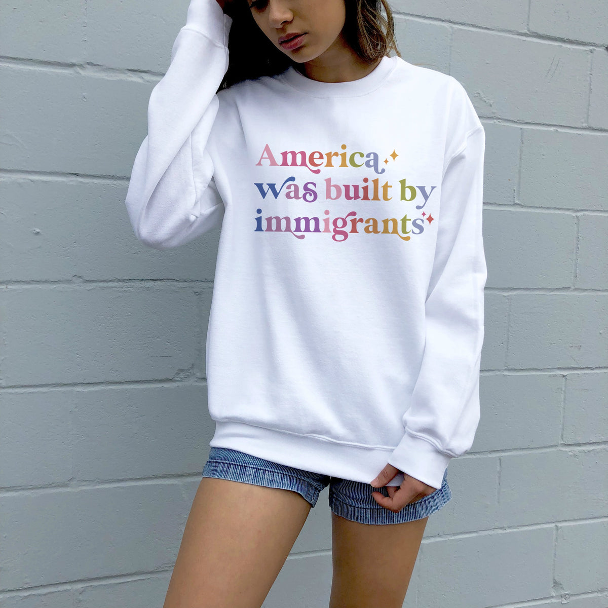 America Was Built By Immigrants Care & Resist Gildan crewneck sweatshirt in White