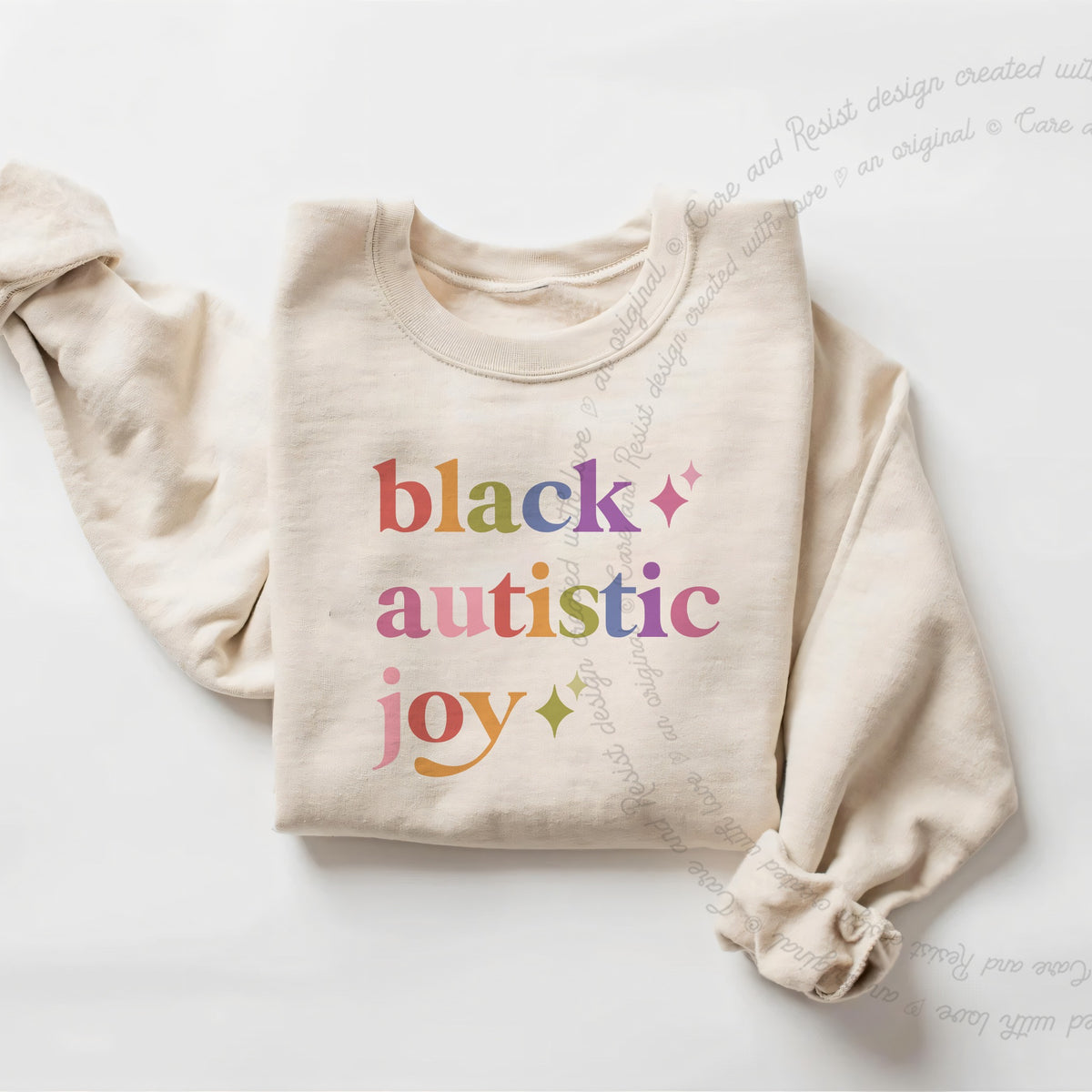 Black Autistic Joy Care & Resist Gildan crewneck sweatshirt in Sand