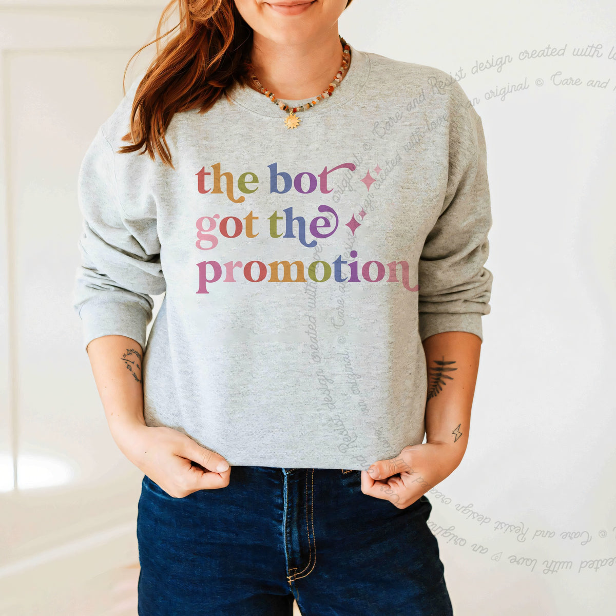 The Bot Got the Promotion Care & Resist Gildan crewneck sweatshirt in Sport Grey