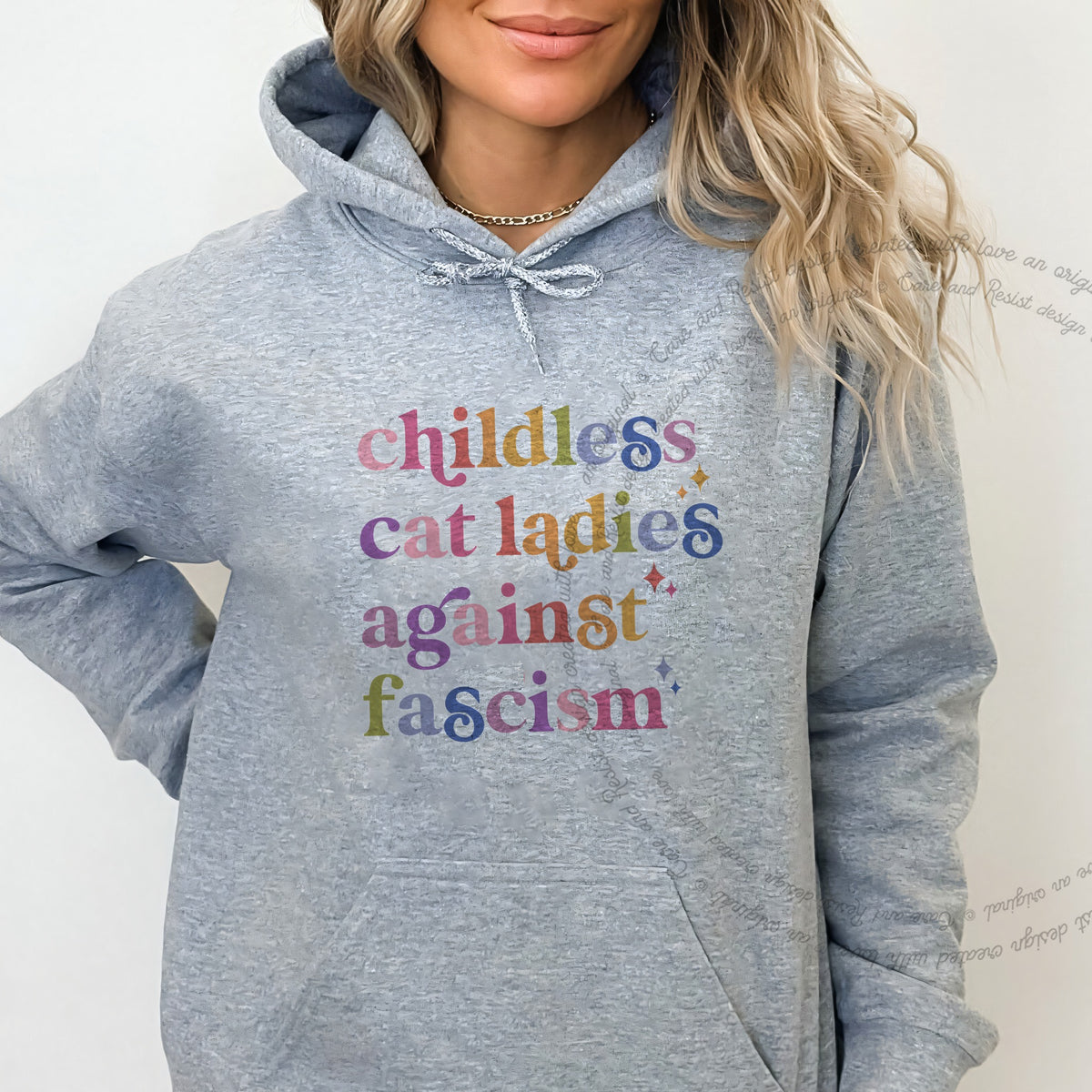 Childless Cat Ladies Against Fascism Care & Resist Gildan hoodie in Sport Grey