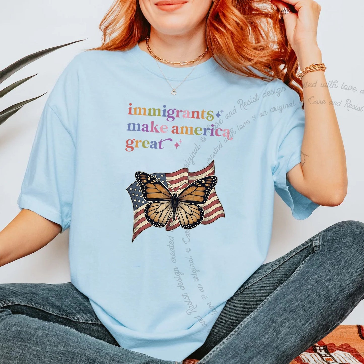 Immigrants Make America Great Care & Resist rainbow Comfort Colors tee, Chambray