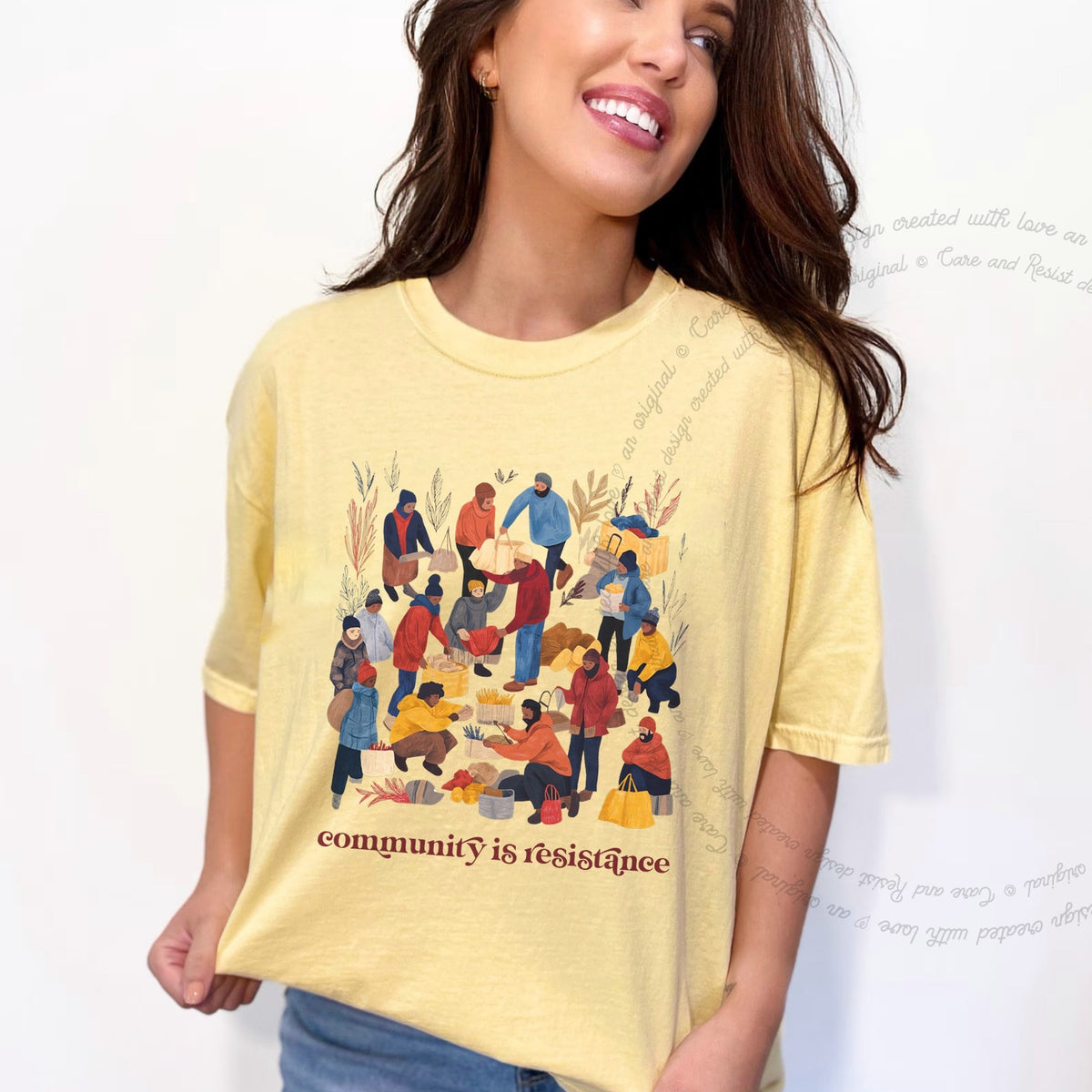 Community Is Resistance Harvest Care & Resist progressive t-shirt in Banana