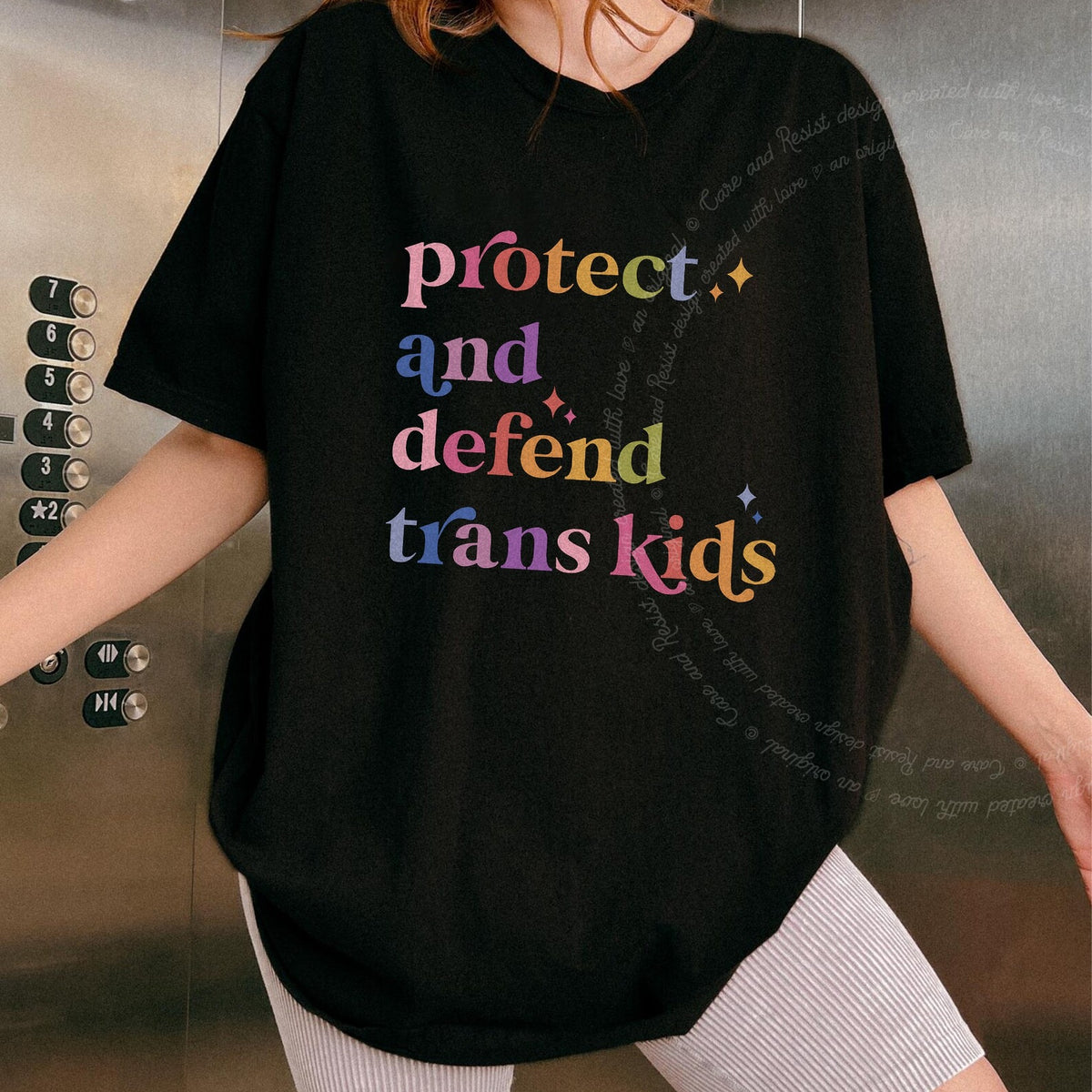 Protect and Defend Trans Kids Care & Resist progressive t-shirt in Black