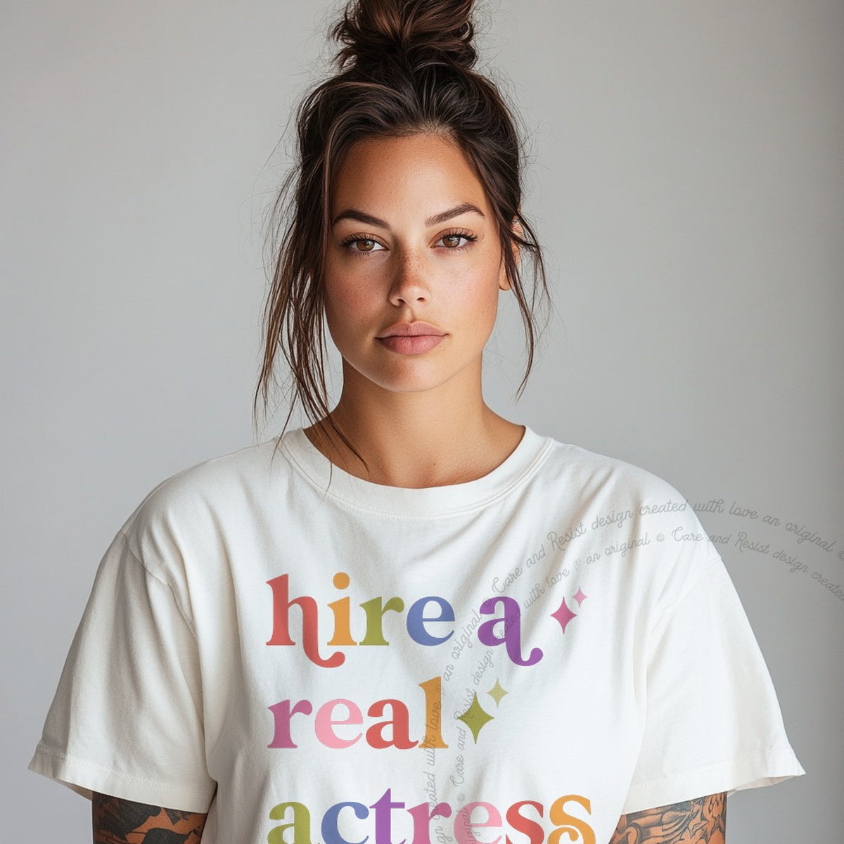 Hire a Real Actress Care & Resist progressive t-shirt in White