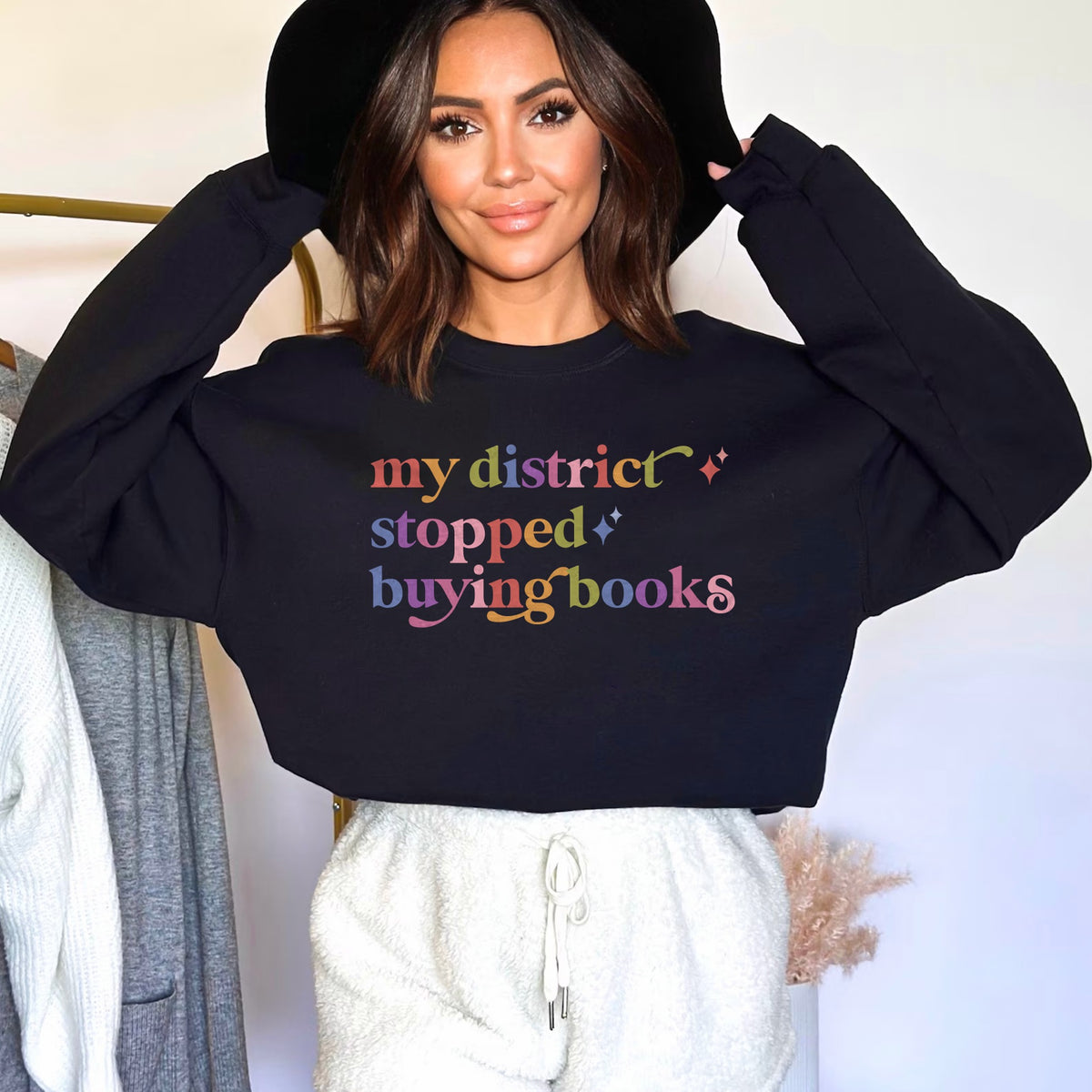 My District Stopped Buying Books Care & Resist Gildan crewneck sweatshirt in Black