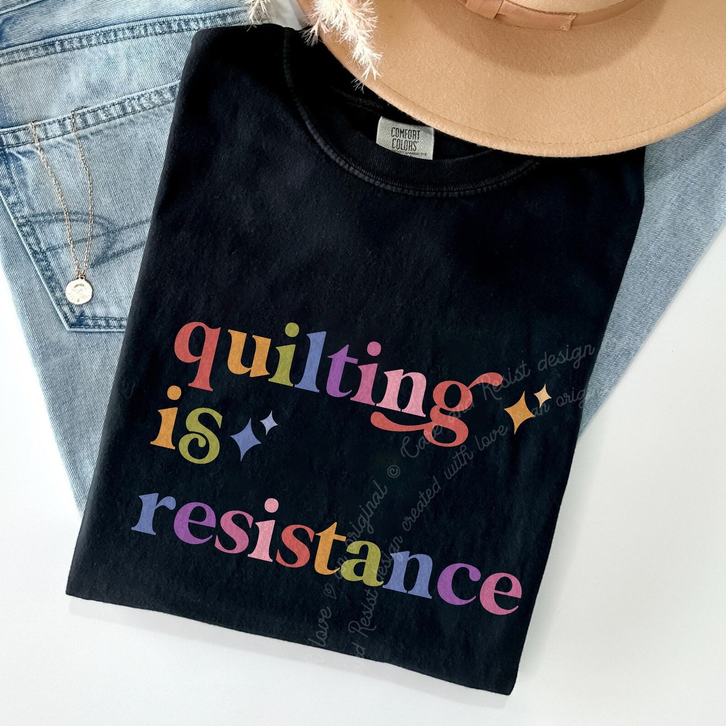 Quilting is Resistance Care & Resist rainbow Comfort Colors tee, Black