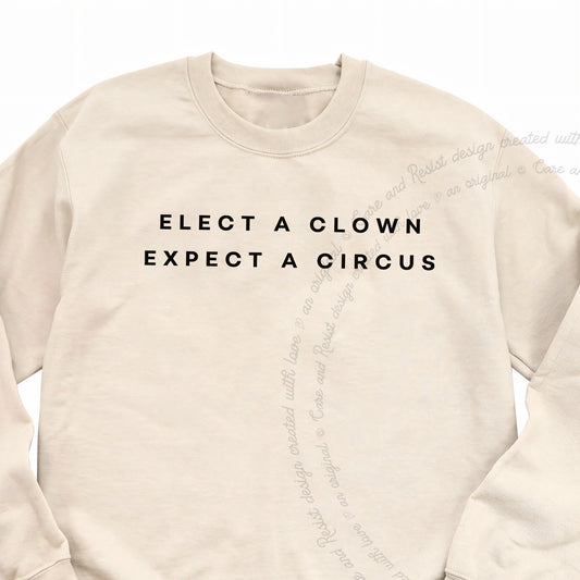 Elect a Clown Expect a Circus Care & Resist Gildan crewneck sweatshirt in Sand