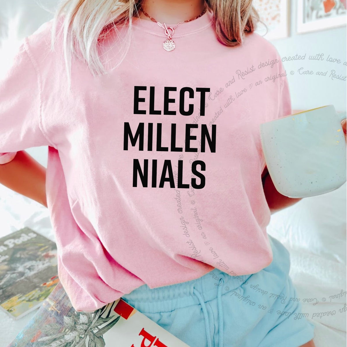 Elect Millennials Care & Resist progressive t-shirt in Blossom