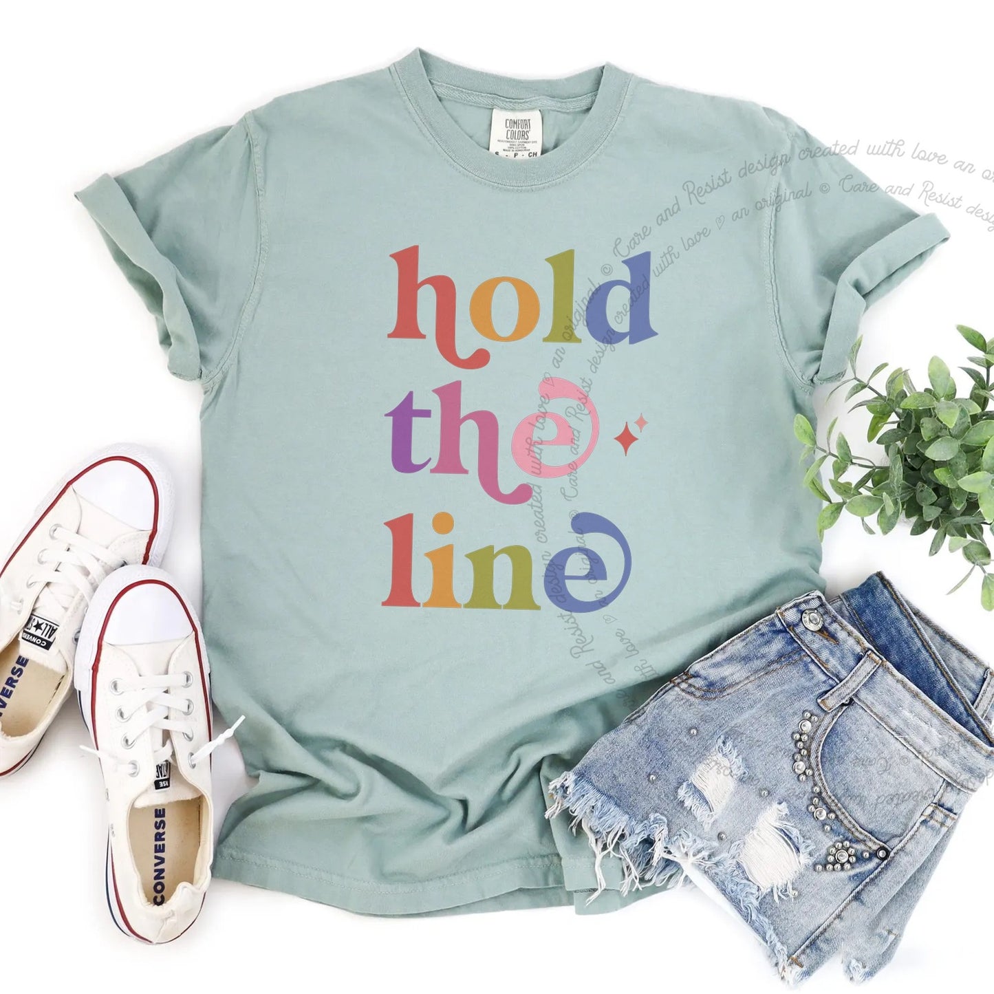 Hold the Line Care & Resist rainbow Comfort Colors tee, Bay