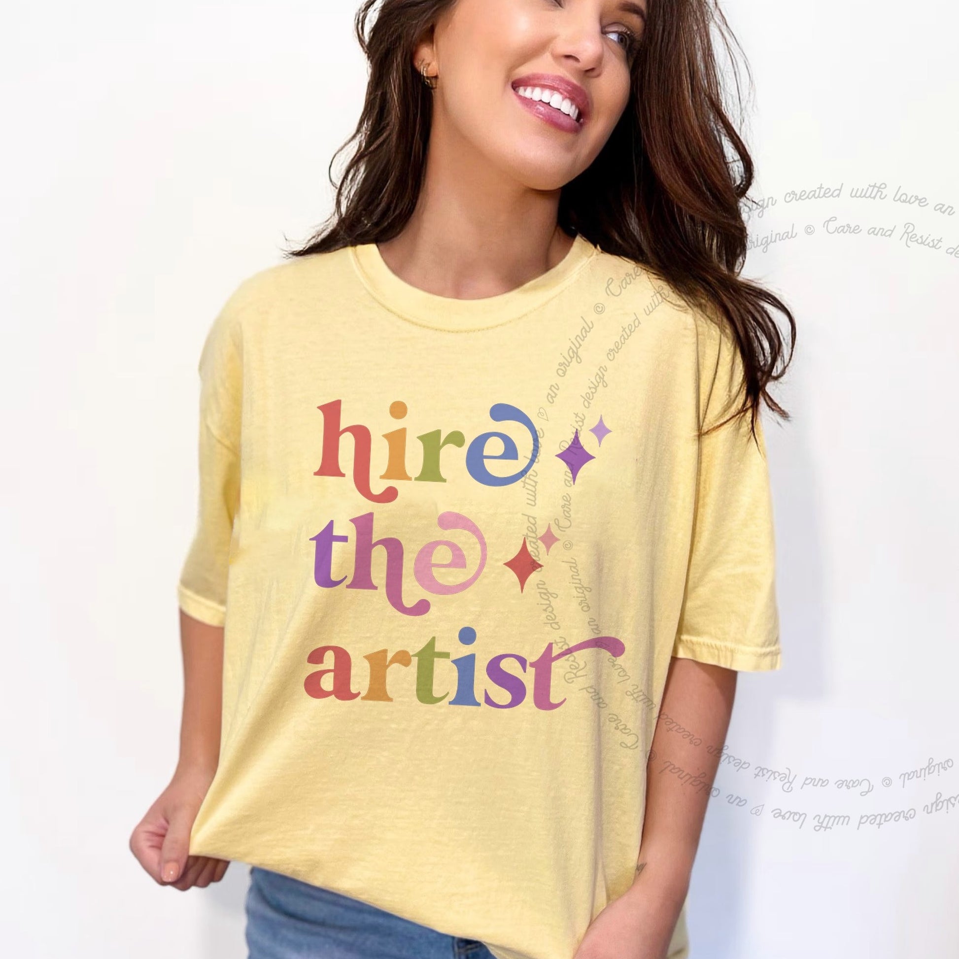 Hire the Artist Care & Resist rainbow Comfort Colors tee, Banana