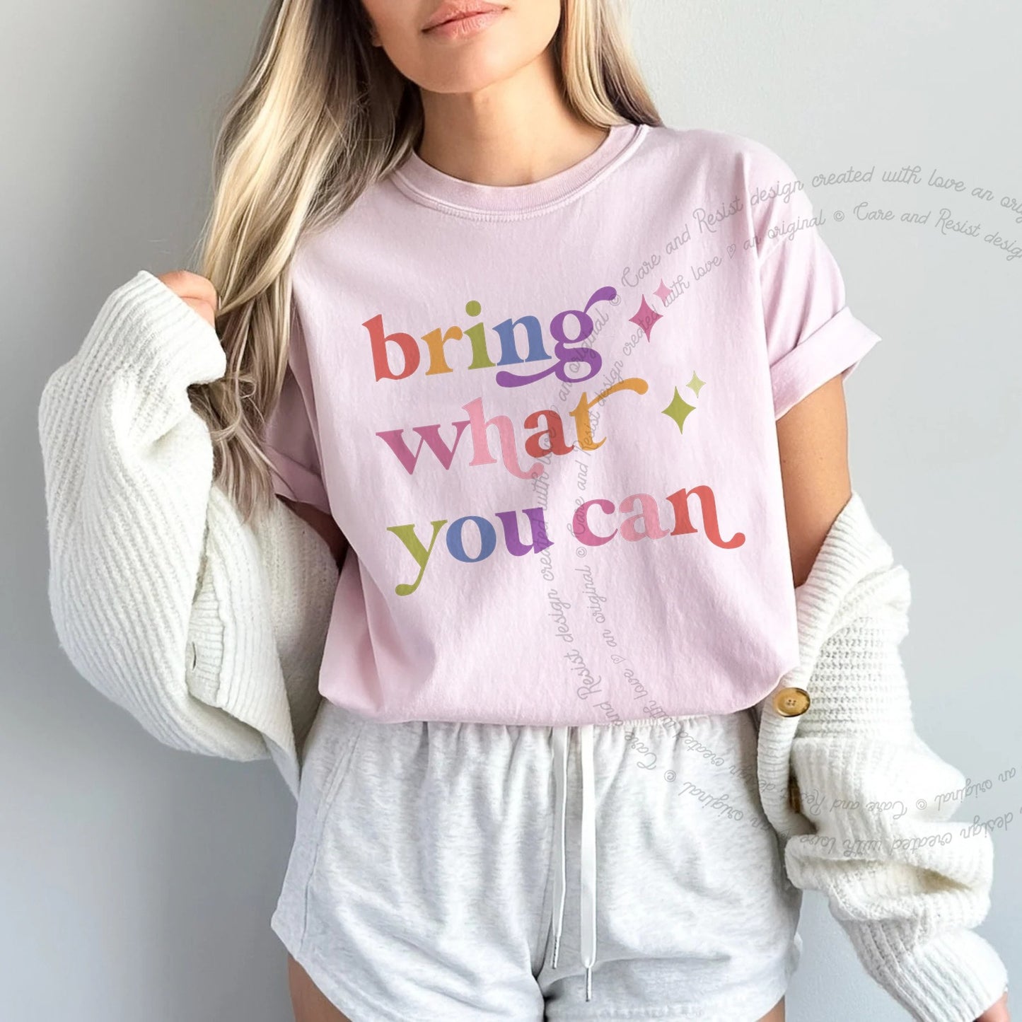Bring What You Can Care & Resist rainbow Comfort Colors tee, Blossom