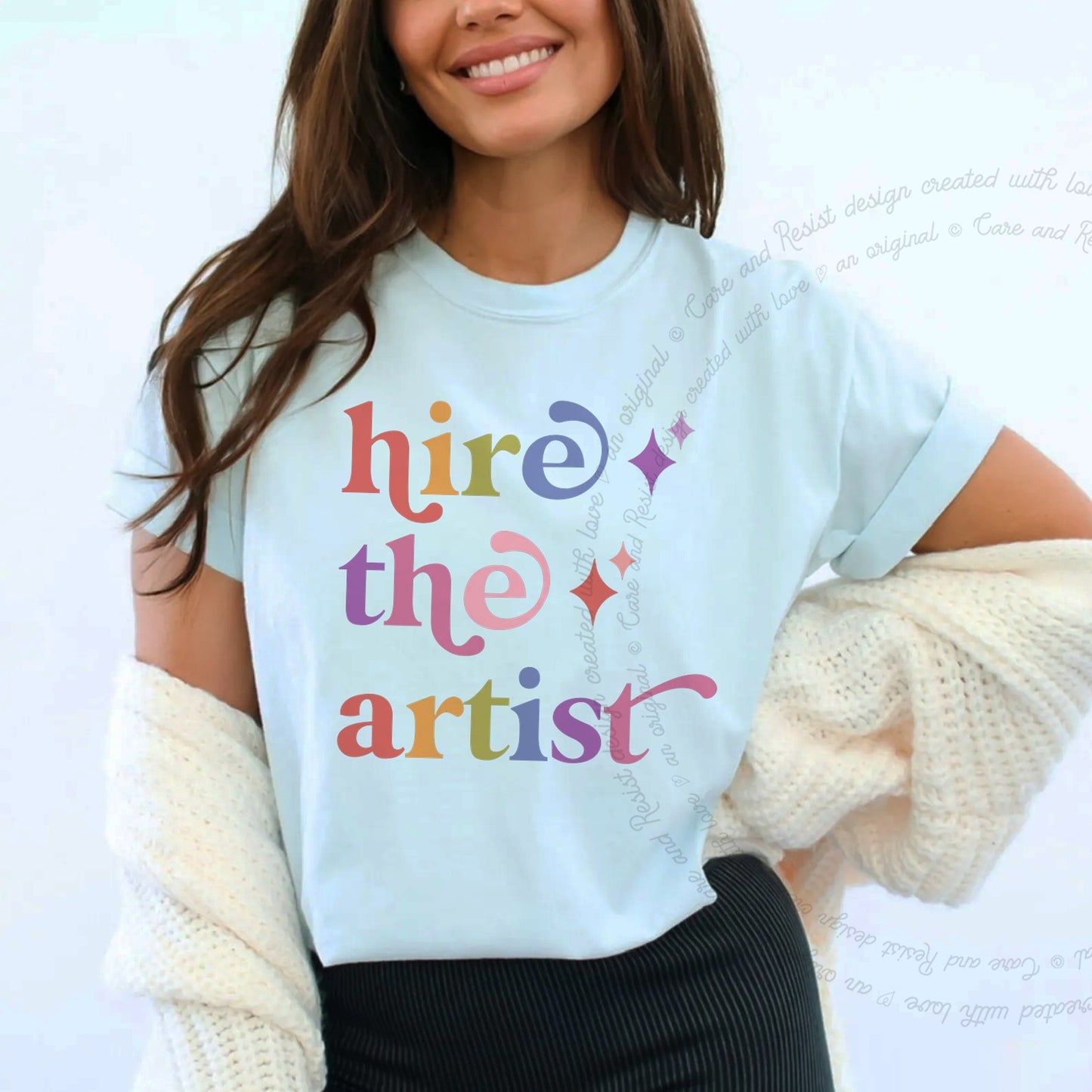 Hire the Artist Care & Resist rainbow Comfort Colors tee, Chambray