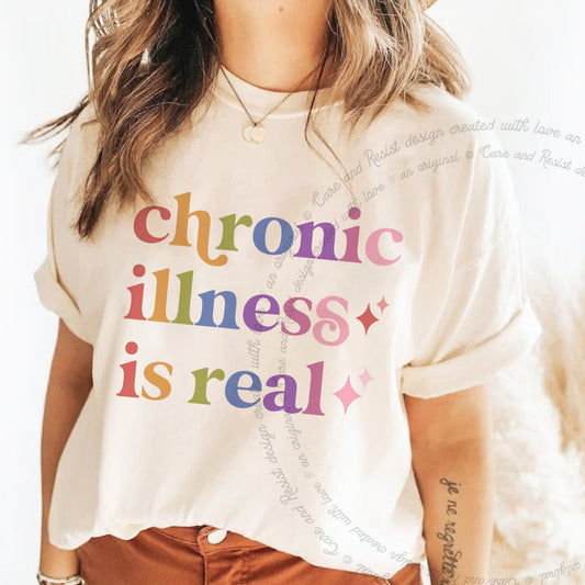 Chronic Illness is Real Care & Resist rainbow Comfort Colors tee, Ivory