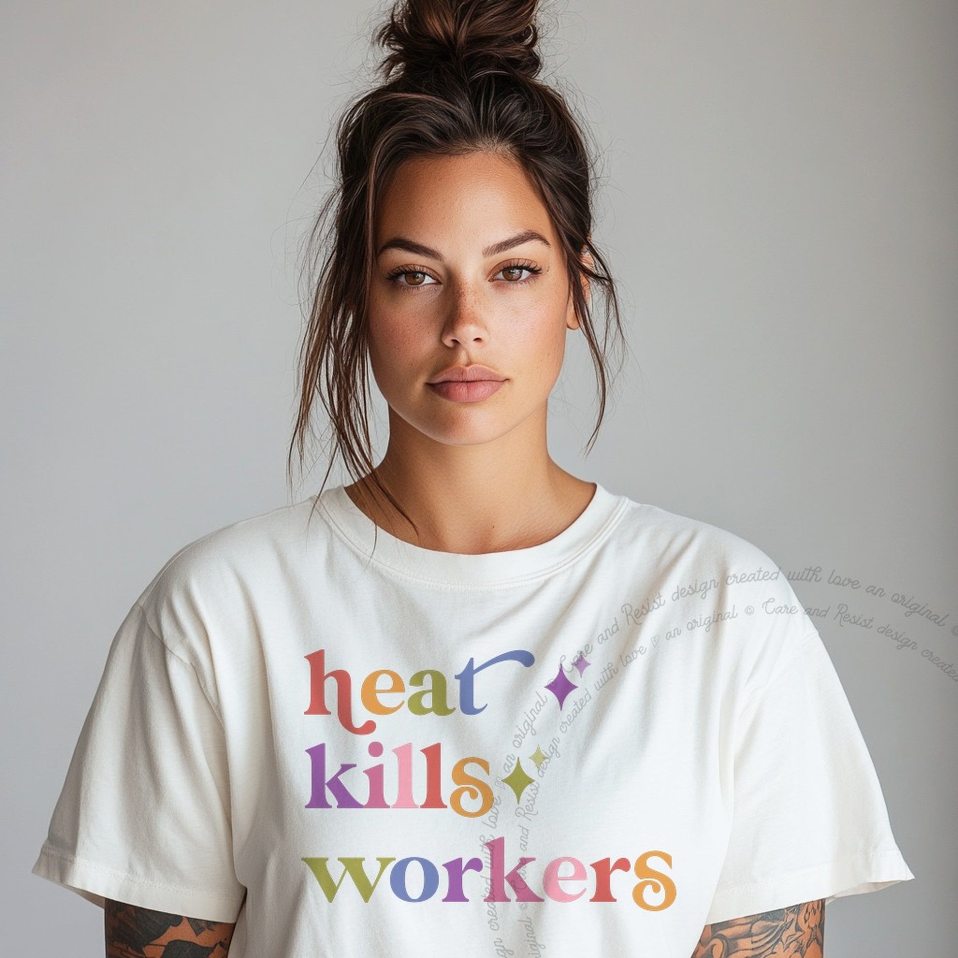 Heat Kills Workers Care & Resist rainbow Comfort Colors tee, White