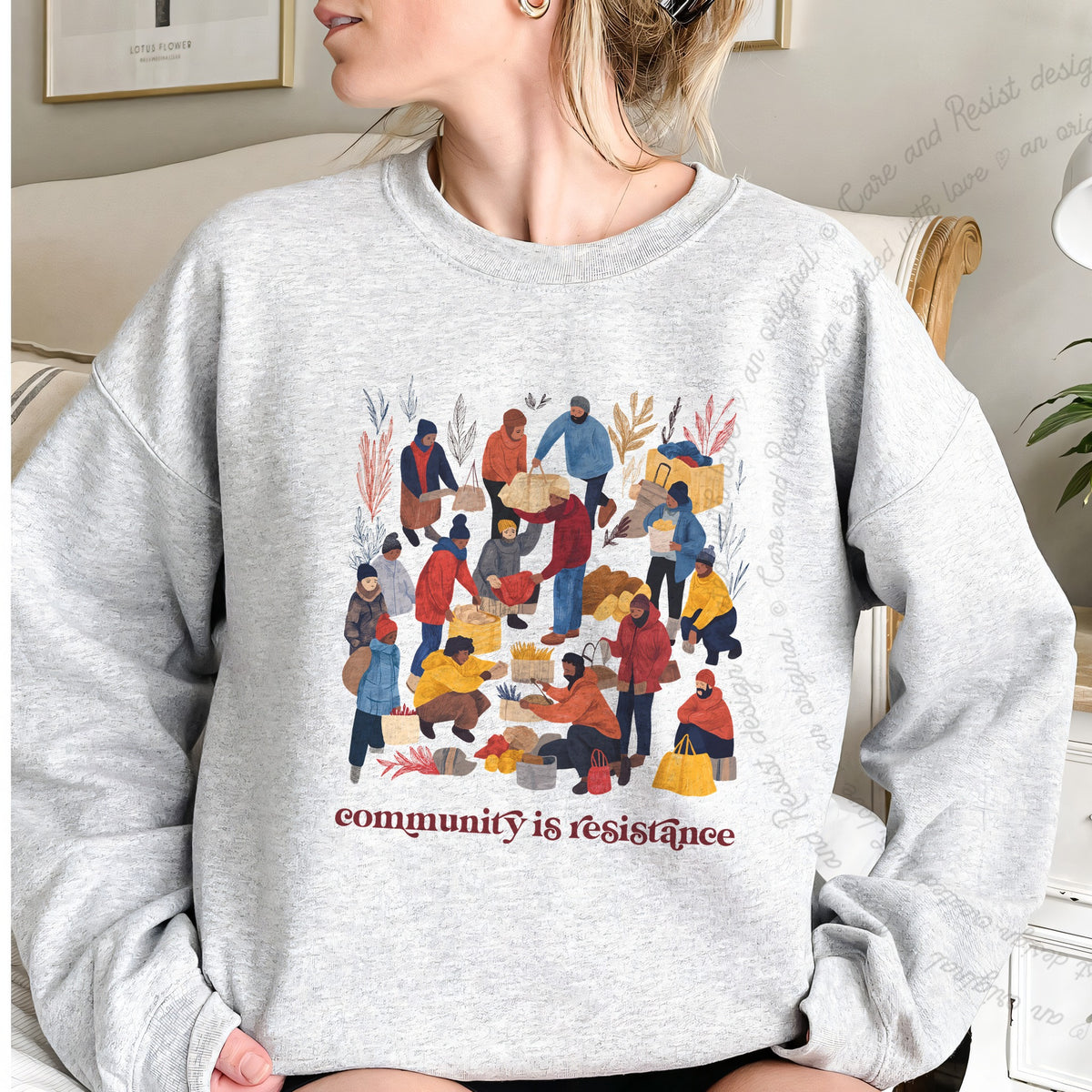 Community is Resistance Retro People Care & Resist Gildan crewneck sweatshirt in Sport Grey