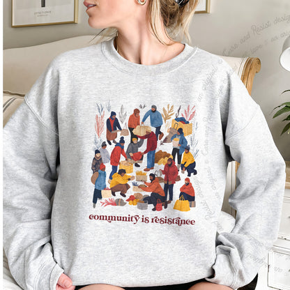 Community is Resistance Retro People Care & Resist Gildan crewneck sweatshirt in Sport Grey