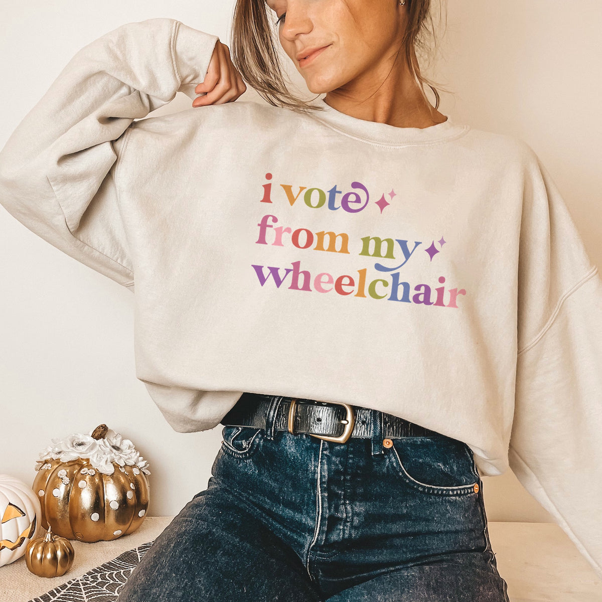 I Vote From My Wheelchair Care & Resist Gildan crewneck sweatshirt in Sand