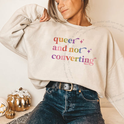 Queer and not Converting Care & Resist Gildan crewneck sweatshirt in Sand