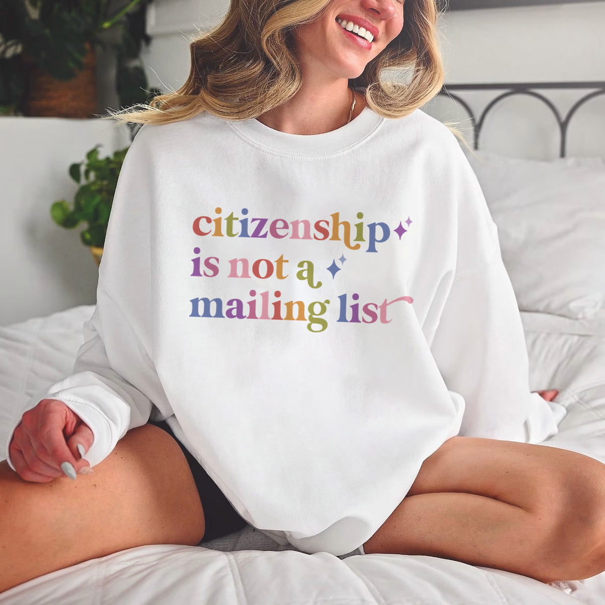 Citizenship is not a Mailing List Care & Resist Gildan crewneck sweatshirt in White