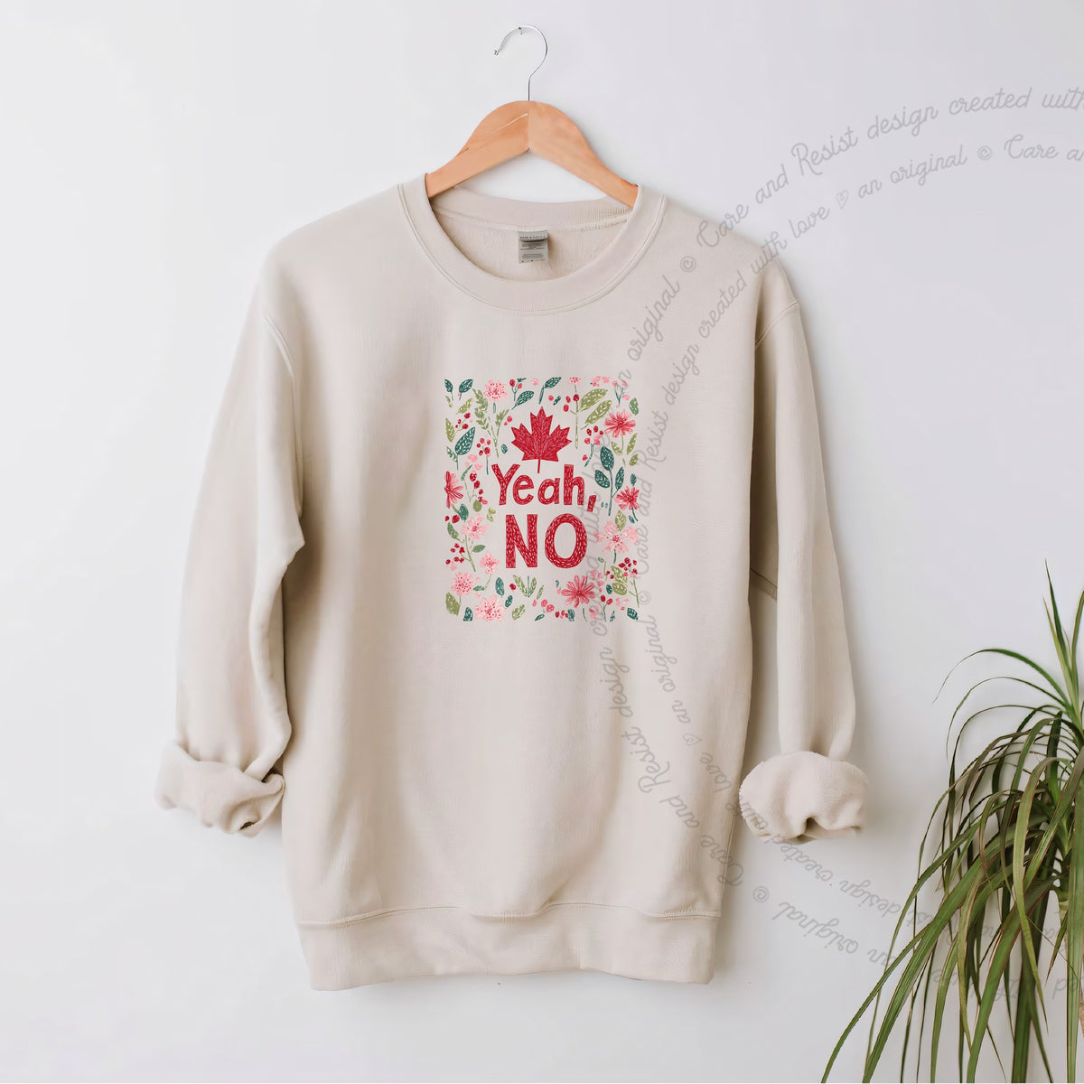 Yeah, No Care & Resist Gildan crewneck sweatshirt in Sand