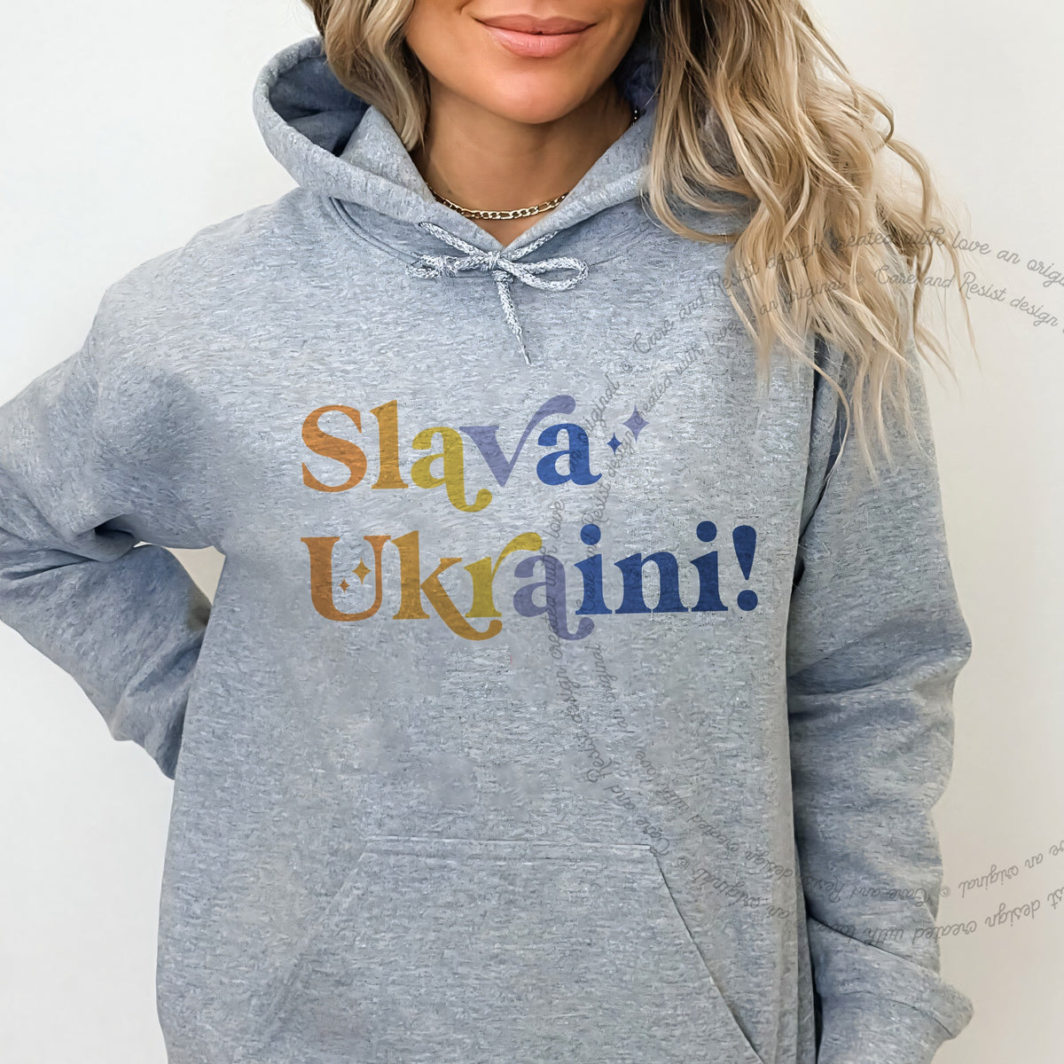 Slava Ukraini Care & Resist Gildan hoodie in Sport Grey