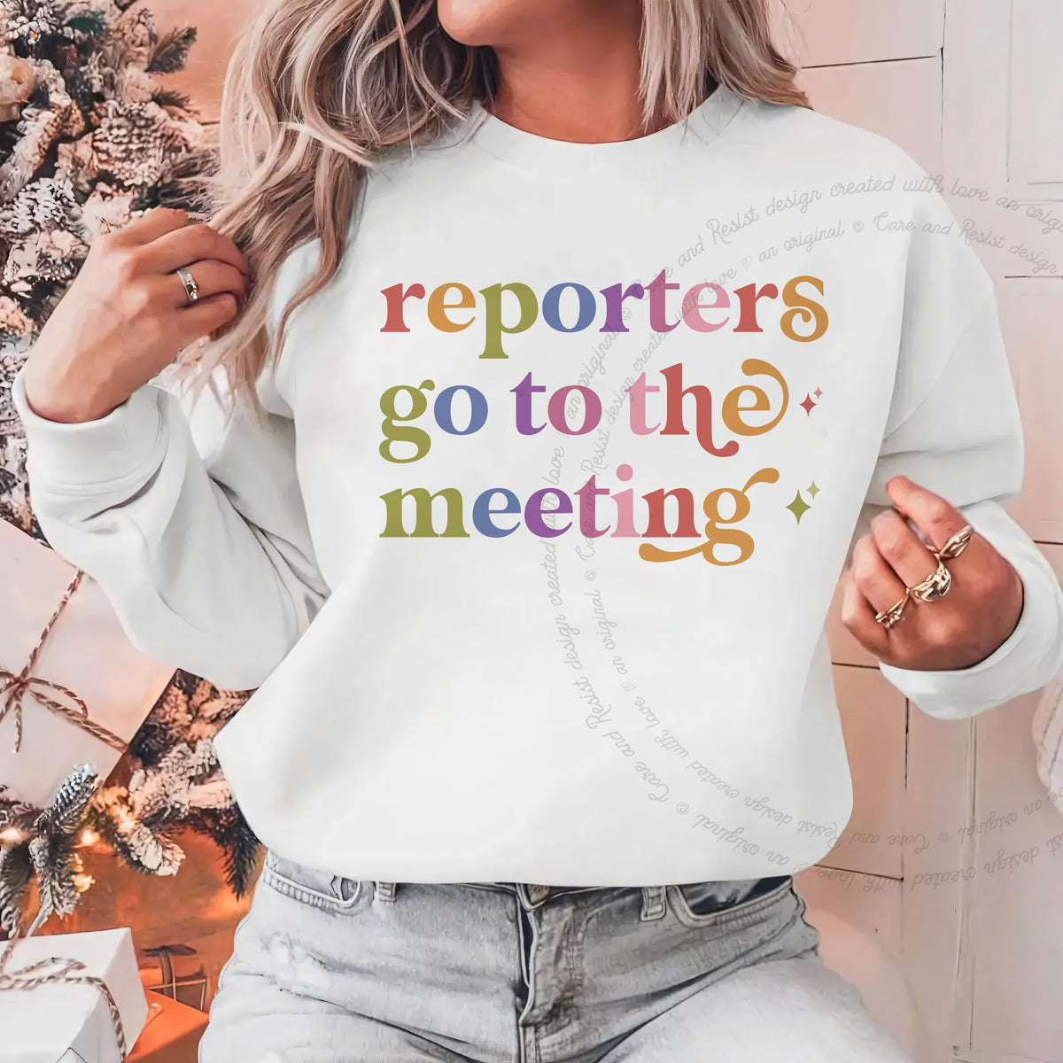 Reporters Go to the Meeting Care & Resist Gildan crewneck sweatshirt in White