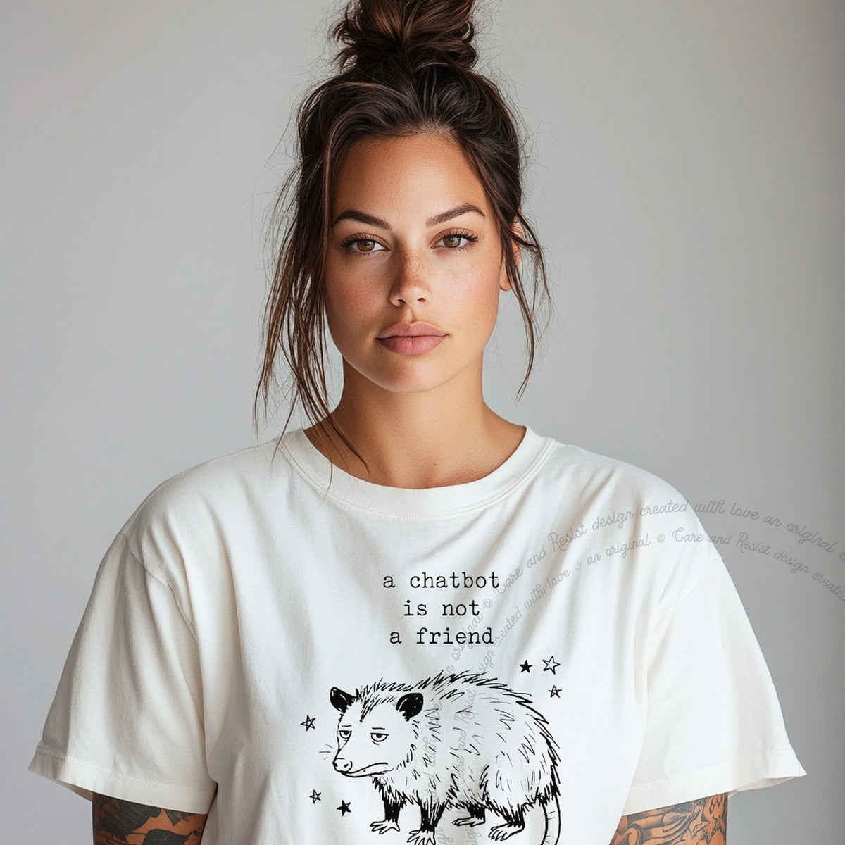 A Chatbot is not a Friend Possum Care & Resist progressive t-shirt in White