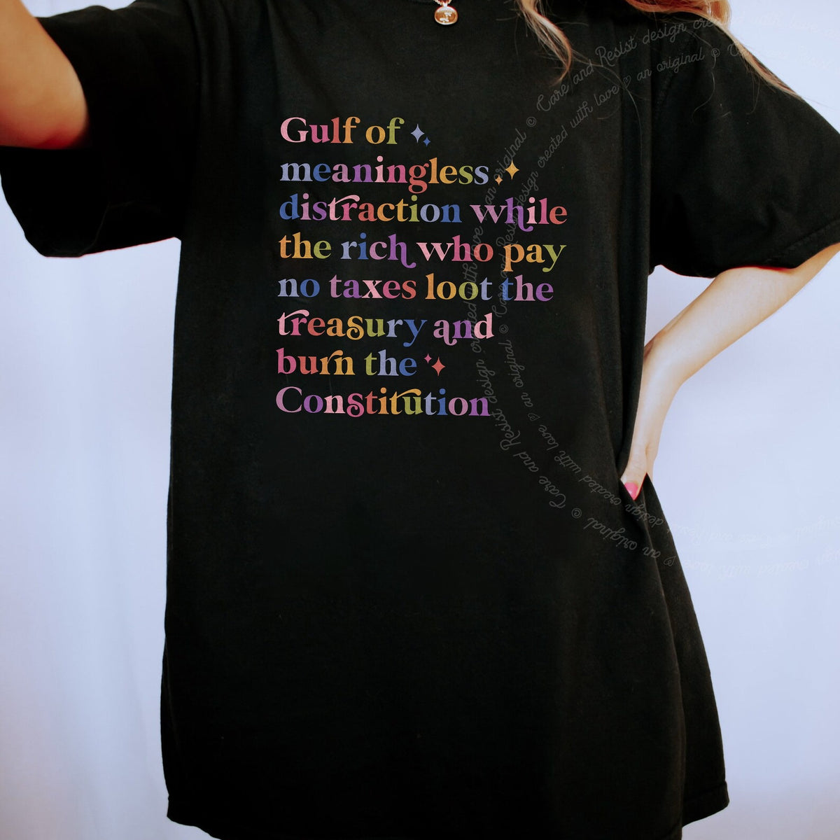 Gulf of Meaningless Distraction While the Rich Who Pay No Taxes Loot the Treasury and Burn the Constitution Care & Resist progressive t-shirt in Black